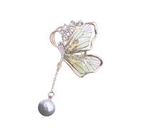Spilla a forma di farfalla con perle, decorazione contemporanea a gocce d'acqua, sagome in lega, artigianato per abiti eleganti, spilla a forma di farfalla e perle, Misura unica, come descritto