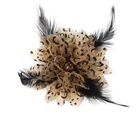 Spilla a forma di fiore in organza con stampa leopardo, piuma nera e perla, realizzata a mano, 12 cm, da donna, accessorio elegante per abito da sposa, costume o da sera, gioiello alla moda, Grand