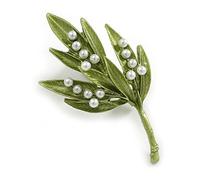 Spilla a forma di foglia con perle finte smaltate, colore verde oliva, 50 mm, Misura unica, smaltato