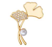 Spilla a forma di foglia di ginkgo con perle e cristalli, placcata oro, per donne, M