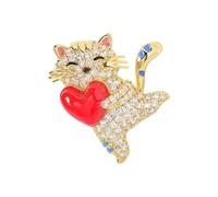 Spilla a forma di gatto con dettaglio a forma di cuore, in lega robusta, artigianale, elegante, gioiello indossabile, stravagante spilla a forma di gatto che abbraccia il cuore, Misura unica, come