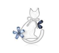 Spilla a forma di gatto con strass e fiocco a forma di gattino, da donna, con cristalli blu, Grande, Zinco, Non pietra preziosa