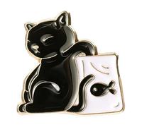 Spilla a forma di gatto in bianco e nero con pesce per zaino maglione e risvolto, normale, Metallo non prezioso