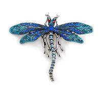 Spilla a forma di libellula in argento antico, cristallo austriaco nei toni del blu, 70 mm di diametro