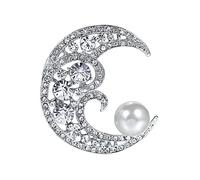 Spilla a forma di luna con perla bianca scintillante, spilla da bavero vintage per donne e ragazze, accessorio per vestito a mezza luna con stella portafortuna, Zinco, Nessuna pietra preziosa