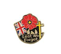 Spilla a forma di papavero rosso, con scritta in lingua inglese "Lest We Forget Remembrance Day", decorazione per veterani