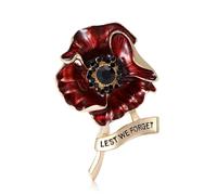 Spilla a forma di papavero smaltata rossa, placcata in oro, per donne e uomini, con scritta "Lest We Forget", gioiello commemorativo con zirconia cubica nera, per il giorno dell'armistizio