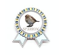 Spilla a forma di passero, stile art déco, alla moda, con scritta in lingua inglese "Food Jump Sparrow", medaglia, Medio, Metallo