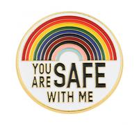(Spilla A) Spilla smaltata "Sei al sicuro con me", moderna spilla smaltata con bandiera arcobaleno-orgoglio, per cappello, sciarpa, regalo