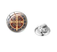 Spilla cattolica di San Benedetto con medaglietta a forma di croce e farfalla con fibbia per foto, spilla cabochon per credenti religiosi, Metallo