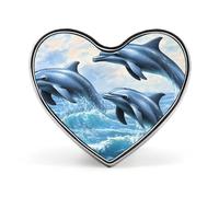 Spilla con bottone a forma di cuore, decorazione con grafica, cappello, abbigliamento, borsa, delfini che saltano sulle onde dell'oceano
