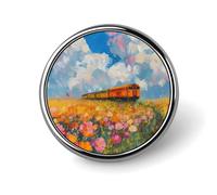 Spilla con bottoni raffigurante un treno che passa attraverso splendidi campi di fiori, per abiti da donna, camicette, top scollati, decorazioni in tessuto