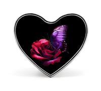 Spilla con distintivo a forma di cuore stampato con farfalla viola e rosa rossa, divertente spilla da bavero, decorazione per uomo e donna