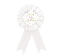 Spilla con scritta "Happy 21st Birthday", colore bianco e oro rosetta per ragazzi e ragazze, con scritta "Happy 21st Birthday Award, decorazione per feste di compleanno di ventuno anni