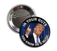 Spilla con scritta in inglese "In your Guts You Know He's Nuts Anti Donald Trump", Alluminio, Alluminio