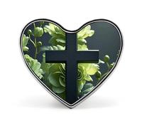 Spilla da bavero a forma di croce nera tra fiori verdi, spilla a forma di cuore in metallo da 1 pollice, leggera, con bordi lisci, spilla versatile con distintivo d'amore per camicie, giacche, bors