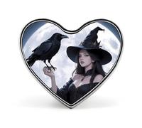 Spilla da bavero a forma di cuore con strega e corvo luna, accessori per abbigliamento e gioielli per uomo e donna