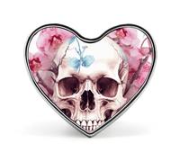 Spilla da bavero con teschio umano e fiori rosa, spilla alla moda, spilla a bottone carina a forma di cuore