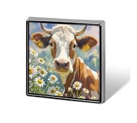 Spilla da bavero in lega di alluminio, personalizzata con mucca e fiore di margherita ad acquerello,