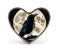 Spilla da bavero leggera e resistente in metallo con corvo nero su luna piena, distintivo rotondo alla moda a forma di cuore per camicie, giacche, cappelli