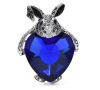 Spilla da donna a forma di coniglio che abbraccia il cuore blu, in lega di zinco e vetro, 4,3 x 3,27 cm