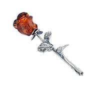 Spilla da donna in argento 925 ossidato, con risvolto in ambra intagliata a mano, piccola spilla in argento con rosa ambra, colore cognac 2 g, Argento sterling, Ambra