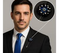 Spilla Da Giacca In Cristallo Nera E Blu Per Uomo Con Fiore, Regalo Per Completo