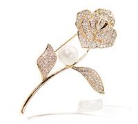 Spilla da sposa a forma di rosa, spilla da sposa a forma di fiore - perla d'acqua dolce e zirconia cubica in oro bianco 18 carati, Metallo, Zirconia cubica