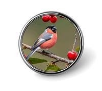 Spilla decorativa con fringuello grigio dal ventre rosso e ciliegia, ideale per risvolto, cravatta, cappelli, giacche e camicie.