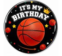 Spilla di compleanno a tema basket, con scritta "It's My Birthday" con design a corona, bottone da 5,8 cm per feste a tema sportivo, accessorio di compleanno per ragazzi o ragazze, bomboniera per