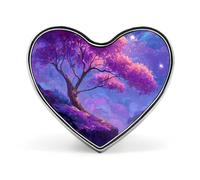 Spilla/distintivo a forma di cuore con albero, luna, cascata e paesaggio, in alluminio, decorazione per zaini e cappelli.