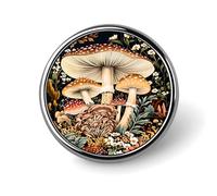 Spilla/Distintivo rotondo in metallo con stampa a tema foresta di funghi mistici, ideale per uomo e donna, 1 pollice.