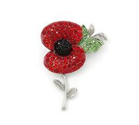 Spilla Donna Rhoeas Flower Brooch Decor Crystal Enamel Pin Badge Red Rhinestone Beauty Botanical Floral Ornament(Silver)