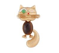 Spilla dorata a forma di gatto con ciondolo a forma di gatto con diamanti e perle, gioiello da donna, Misura unica, Acciaio inossidabile