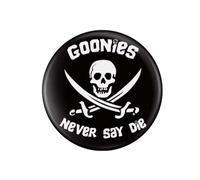 Spilla GOONIES - Pellicola vintage anni '80 - NEVER SAY DIE - Rotonda in bianco e nero - Diametro 42 mm - Accessorio per abbigliamento borsa, 4 X 4.3 Centimètres, Smalto