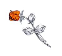 Spilla grande da donna, in argento 925 ossidato, rosa ambra, intagliata a mano, in argento con rosa ambra, colore cognac, 8 g, Argento sterling, Ambra