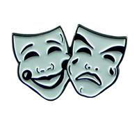 Spilla in metallo smaltato con raffigurazione maschere teatrali di commedia e tragedia, musica, teatro, recitazione