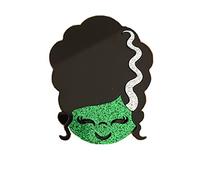 Spilla per Halloween Bride of Frankenstein, con volto verde glitterato e capelli neri con strisce bianche, Acrilico, Senza gemme