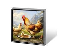 Spilla quadrata con gallo, galline e pulcini, bottone decorativo in alluminio, elegante per zaini e cappelli.