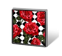 Spilla quadrata da bavero con rose rosse su sfondo nero e diamanti bianchi