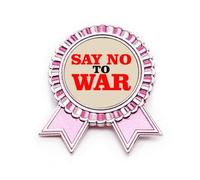 Spilla rosa con scritta in inglese "Say No to War World" "Love Peace World", Medio, Metallo