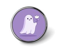 Spilla rotonda a forma di fantasma bianco che tiene un fiore bianco, accessorio alla moda per uomo e donna, distintivo da colletto, spilla elegante per giacca, zaino.