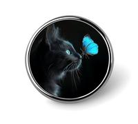 Spilla rotonda a forma di gatto nero e farfalla, ideale per uomo, donna, impiegato, insegnante o come decorazione per bavero o cravatta.