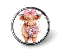 Spilla rotonda a forma di mucca delle Highland che tiene un bouquet di fiori, per uomo e donna, alla moda, per collare, abiti, giacche, zaini, accessori
