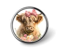 Spilla rotonda a forma di mucca delle Highland con grande fiocco rosa, per uomo e donna, alla moda, accessorio per colletto, giacca, zaino
