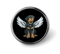 Spilla rotonda con ali d'angelo e cane Rottweiler, ideale come accessorio per colletto, cappotto o abito elegante.