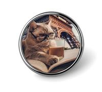 Spilla rotonda con bottone personalizzato, spilla con spilla a forma di gatto divertente che beve caffè, per la decorazione di abbigliamento