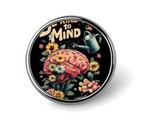 Spilla rotonda con ciondolo a forma di cervello e scritta "Be Kind To Your Mind" in alluminio, elegante e decorativa per vestiti, zaini e cappelli.