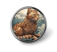 Spilla rotonda con cipressi all'aperto e gatto tra le onde, per uomo e donna, accessori per abiti in lega, spilla da cravatta leggera da 1 pollice