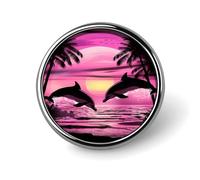 Spilla rotonda con due delfini e palme al tramonto, spilla da bavero, cravatta, abito, accessori per matrimonio e compleanno, per uomo e donna